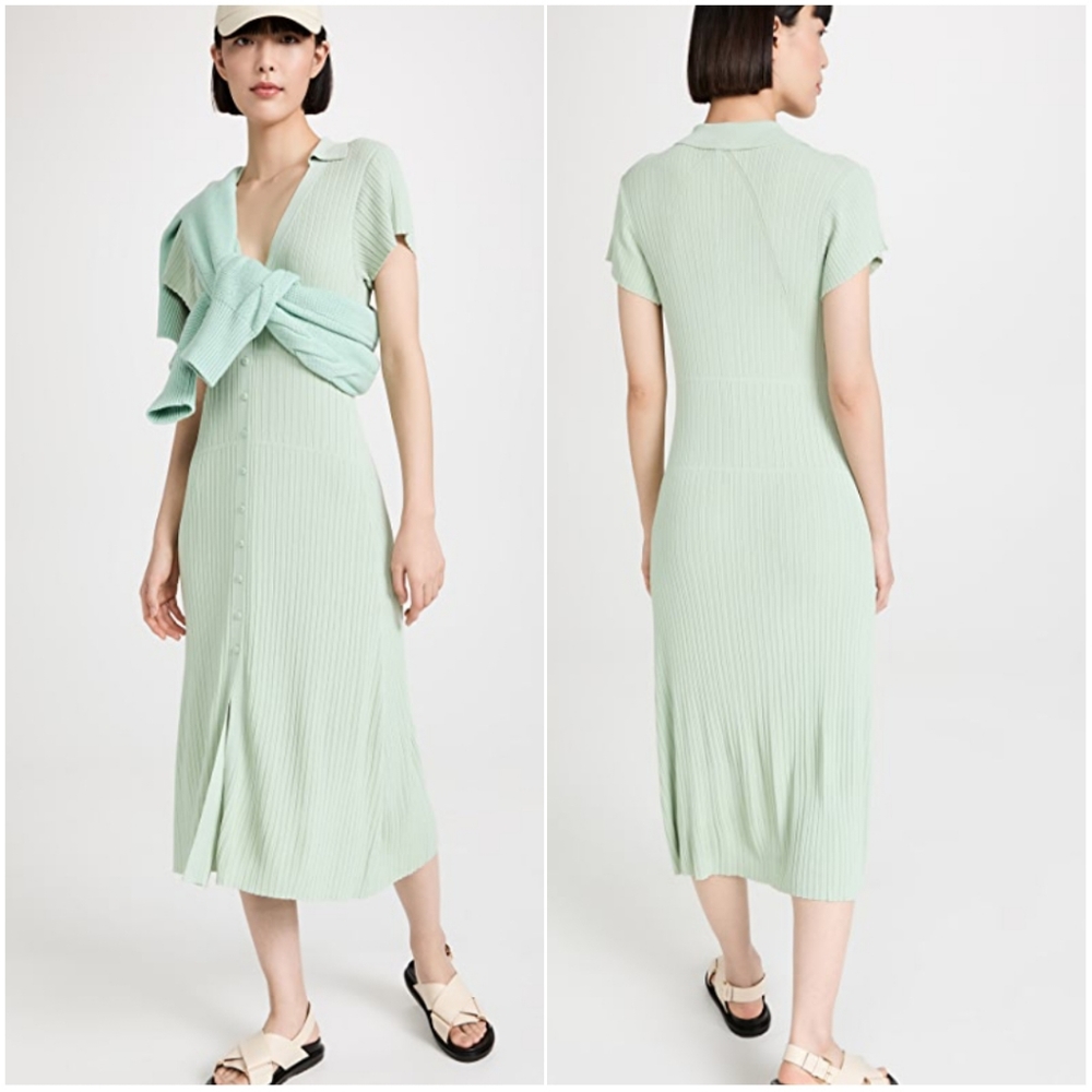 RAG & BONE Esme Mint Green Button-Up Midi Dress | Size S | NWT | Stretch Rib